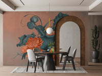 Minimalist dining area with a floral wall mural and wooden furniture.