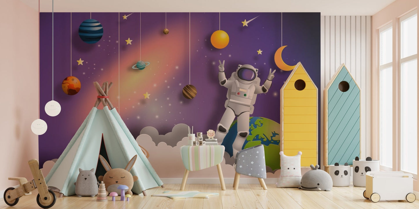 Outer space mural with astronauts, stars, and galaxies for playroom walls.
