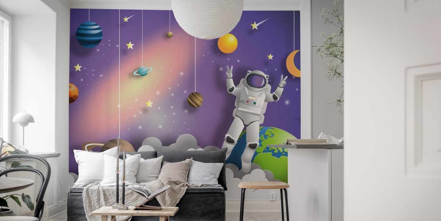 Cosmic-themed mural featuring astronauts and vibrant galaxies in living area.
