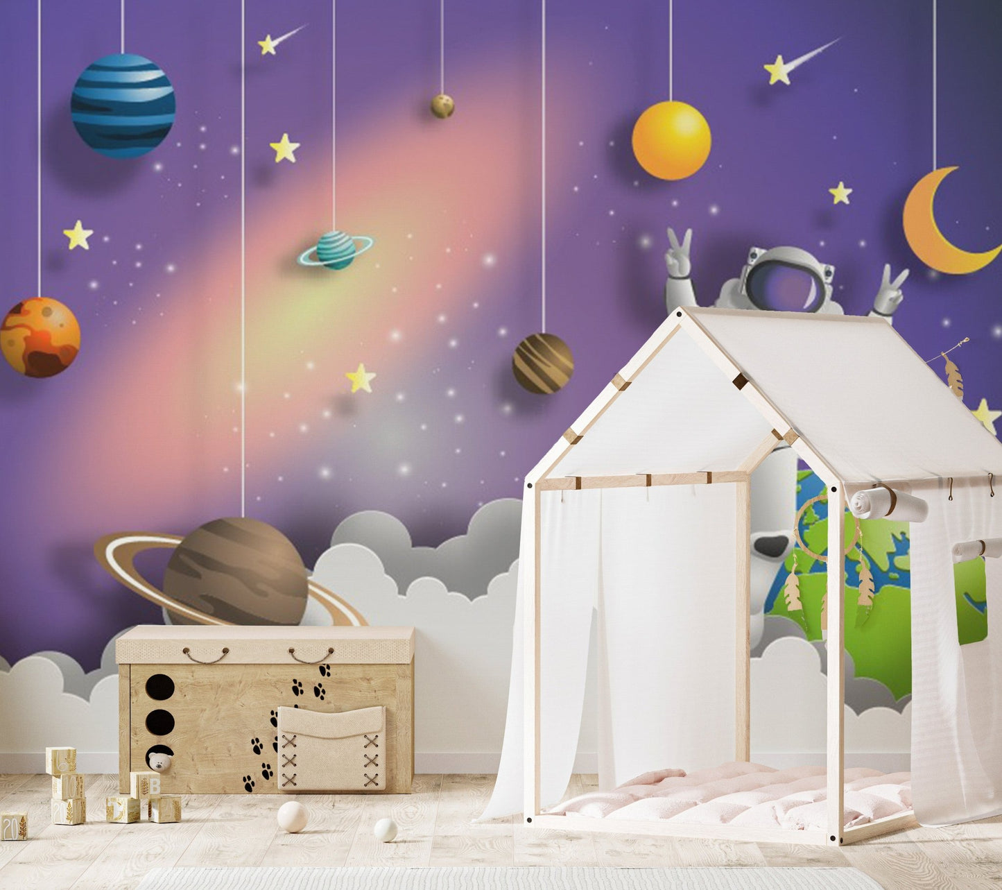 Astronaut mission mural showcasing cosmic exploration for nursery decor.
