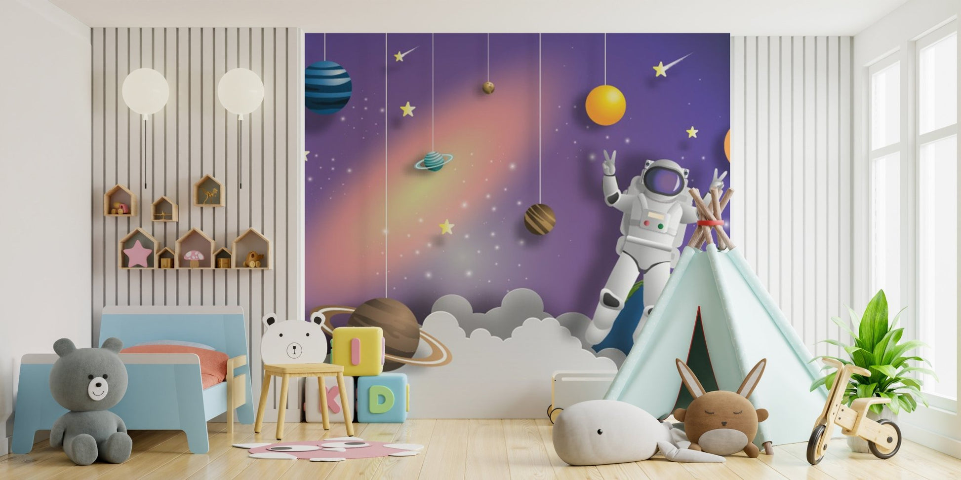 Cosmic explorer mural featuring astronauts floating in kids bedroom space 
