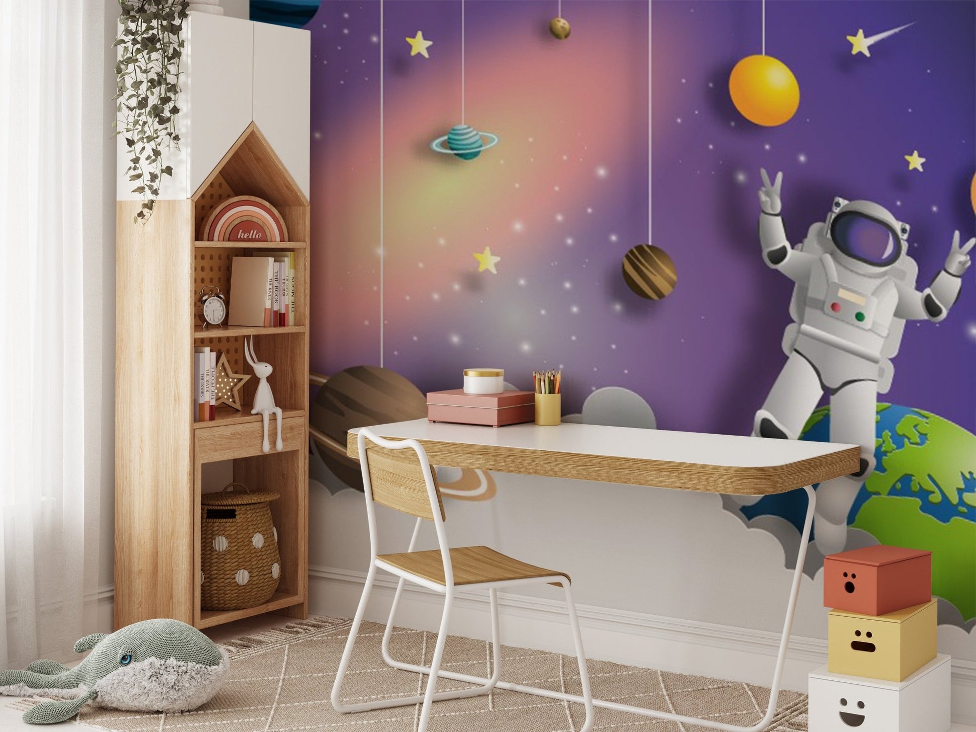 Cosmic explorer astronaut mural for inspiring interstellar study room decor.

