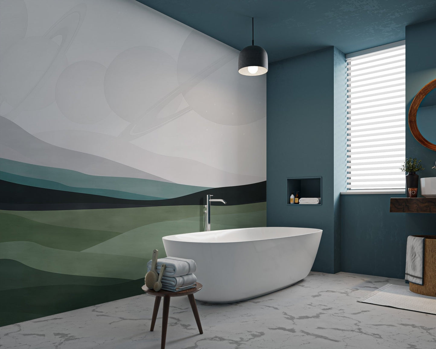 Abstract watercolor wall mural with hills and distant planets in bathroom.