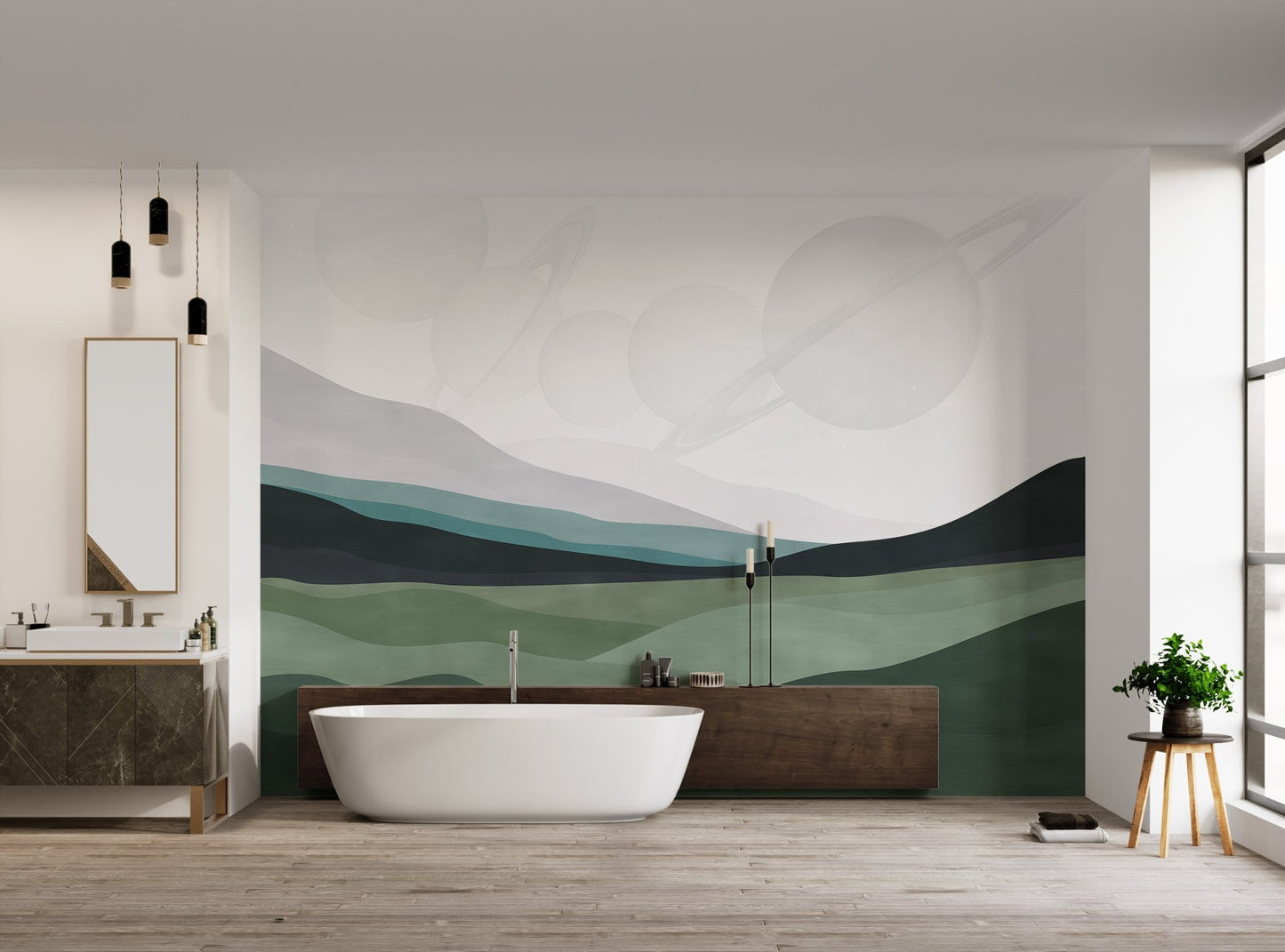 Minimalistic space-themed mural showing mountains and rings of planets
