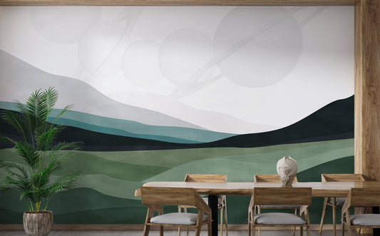 Space-inspired wall mural featuring abstract mountains in dining room.