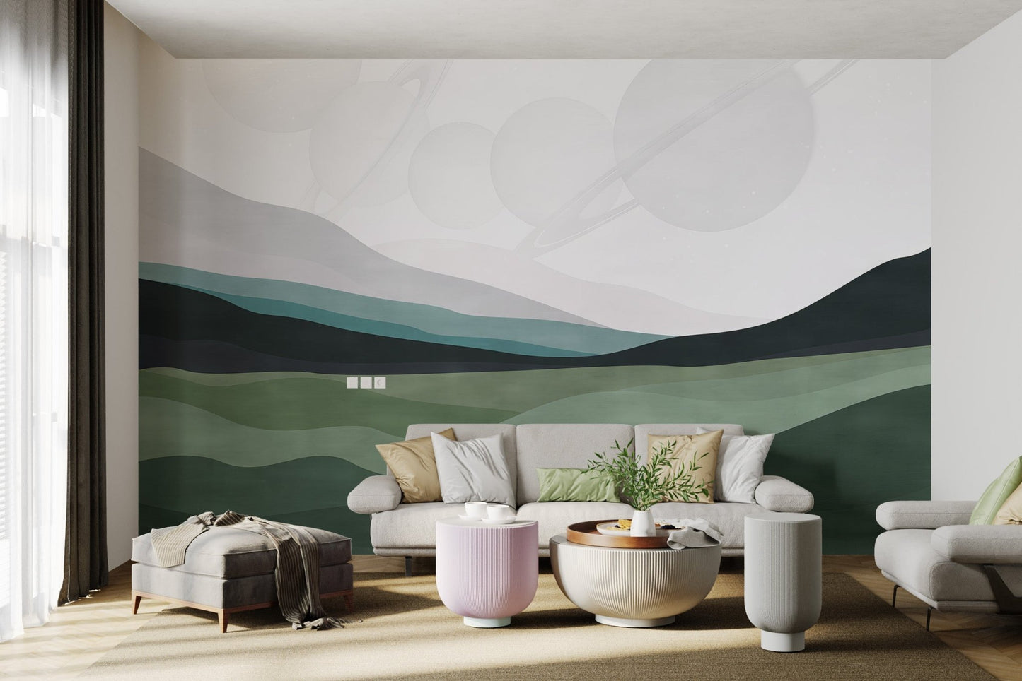 Modern abstract mural showing white planetary spheres over dark mountains.