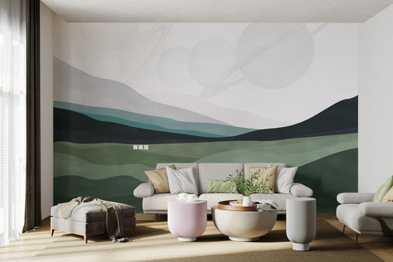 Modern abstract mural showing white planetary spheres over dark mountains.