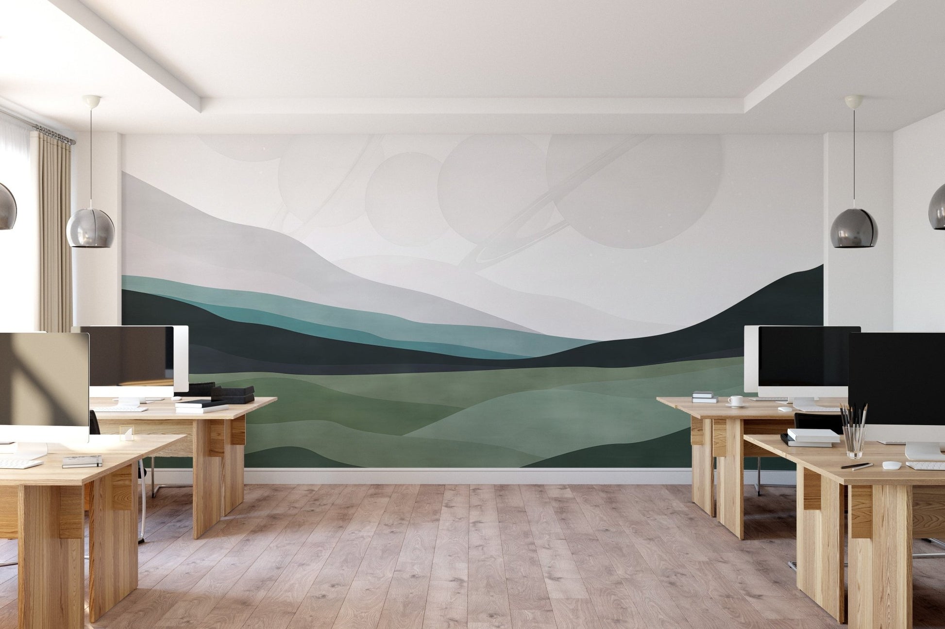 Sage green and dark navy horizon wall mural for professional office.