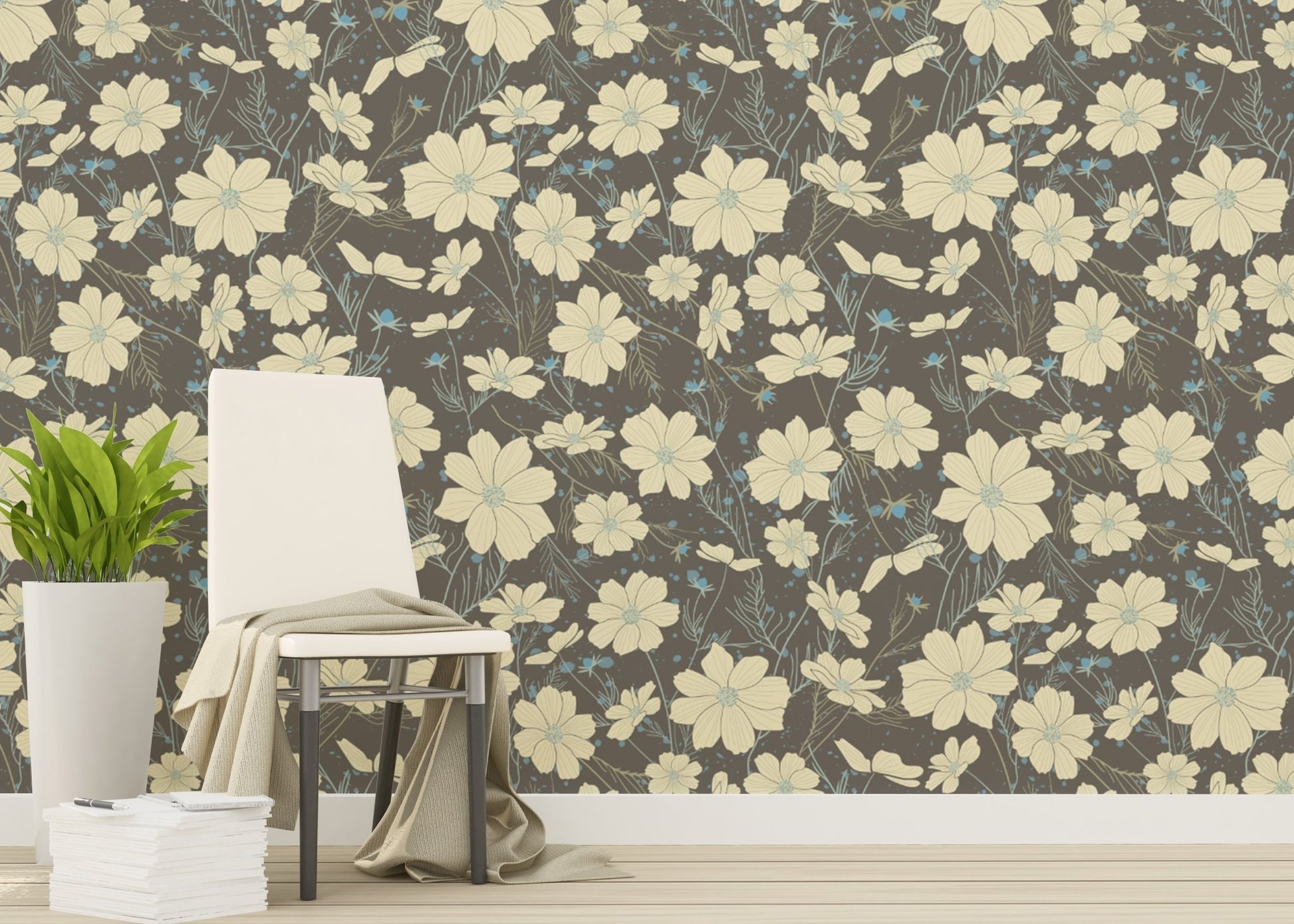 Vintage flower wall mural in muted grey and cream tones.