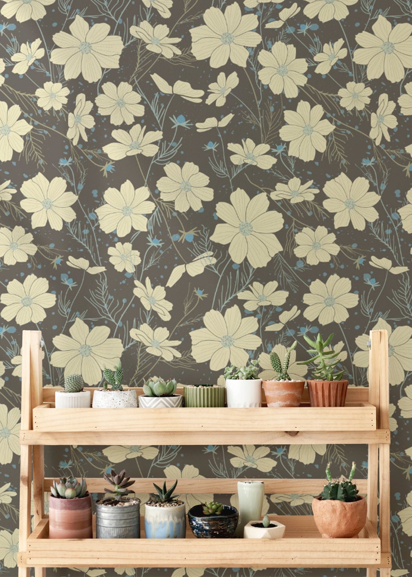 Artistic flower print wall mural with a moody dark background.