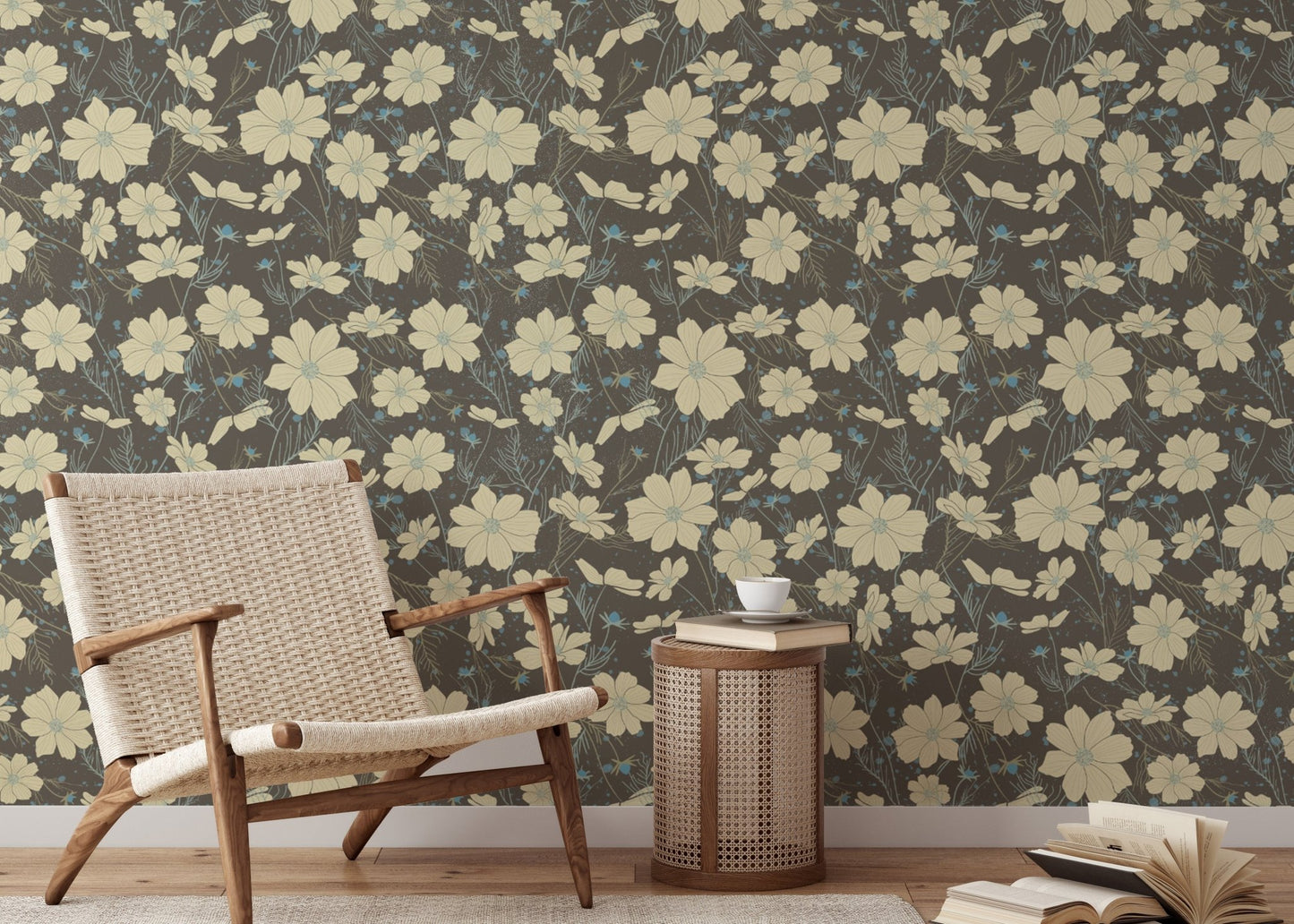 Cosmos flower gray wallpaper featuring cream blooms on a dark base.