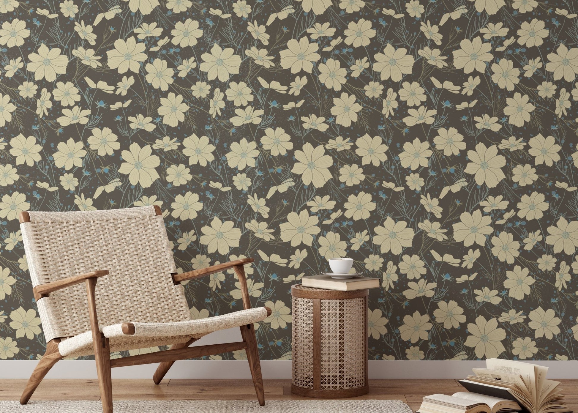 Cosmos flower gray wallpaper featuring cream blooms on a dark base.