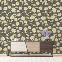 Elegant flower wall mural with a charcoal and ivory color palette.