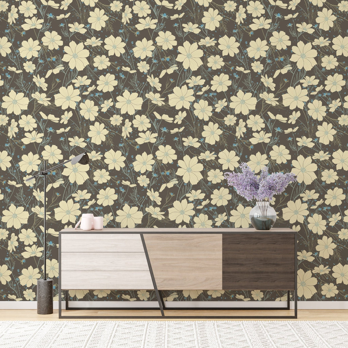 Elegant flower wall mural with a charcoal and ivory color palette.