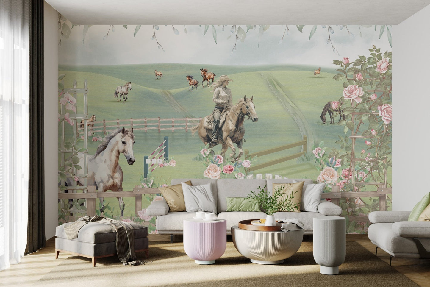 Pastel green hills and horses mural with pink rose garden border for living room.