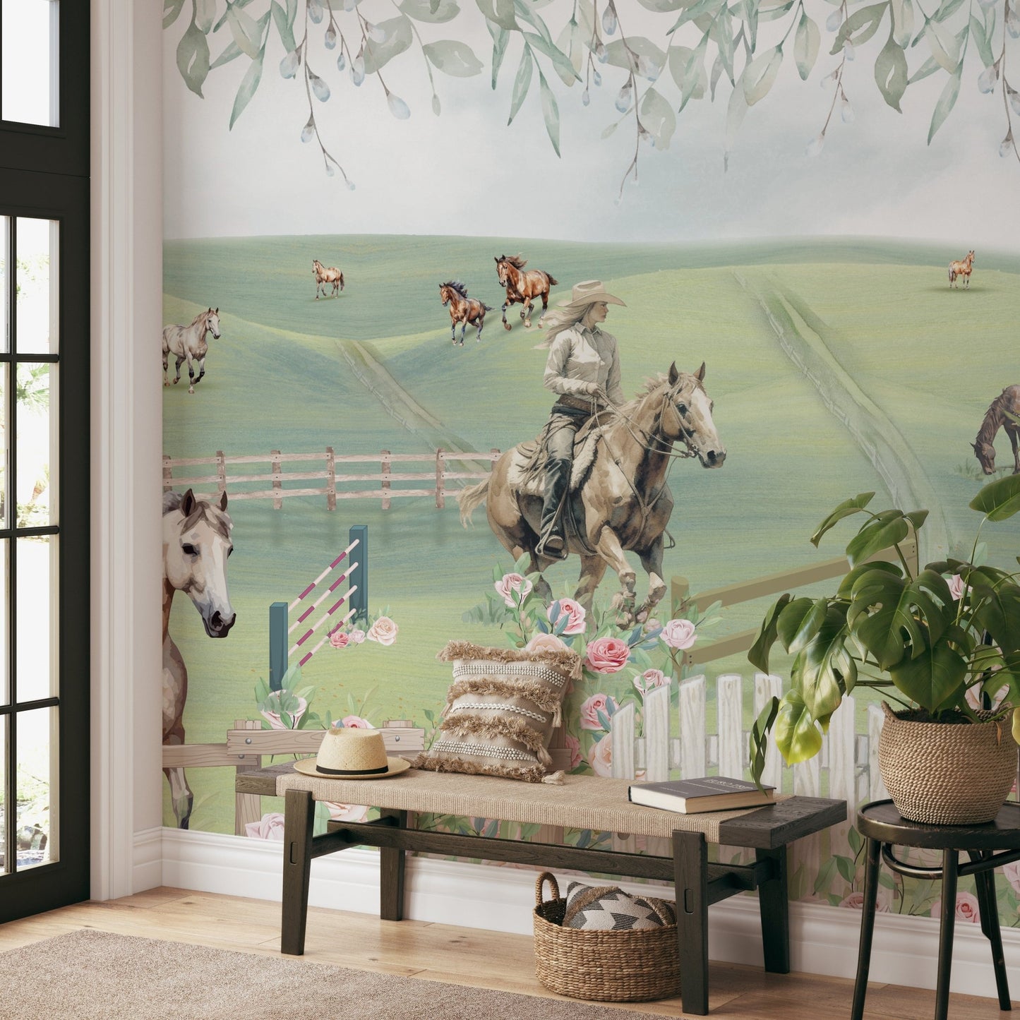 Green meadows and horses wall mural with decorative pink rose for entryway.