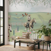 Green meadows and horses wall mural with decorative pink rose for entryway.