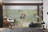 Equestrian scene wall mural featuring galloping horses in kids study room.
