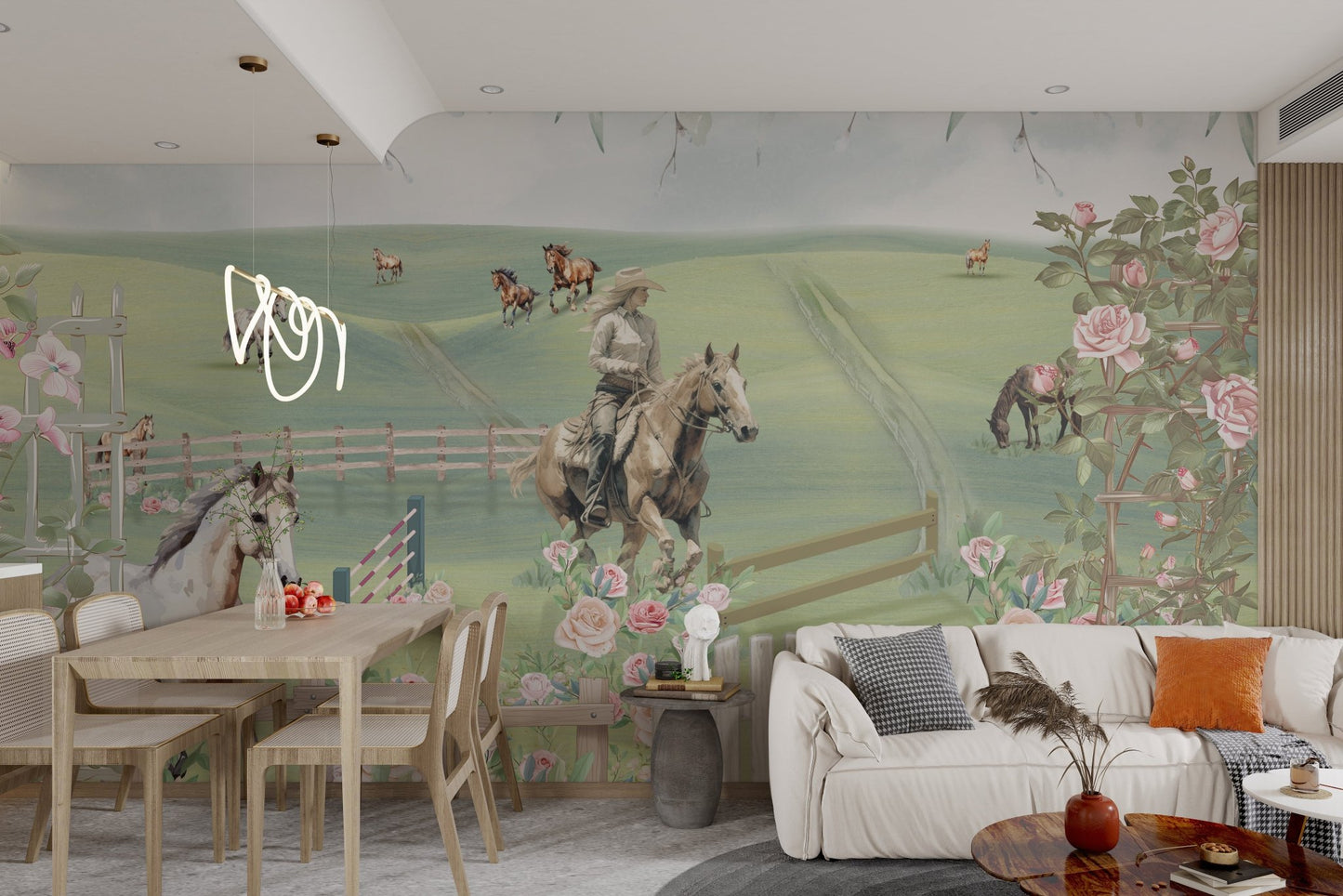 Detailed equestrian wall mural with rider jumping and grazing horses.