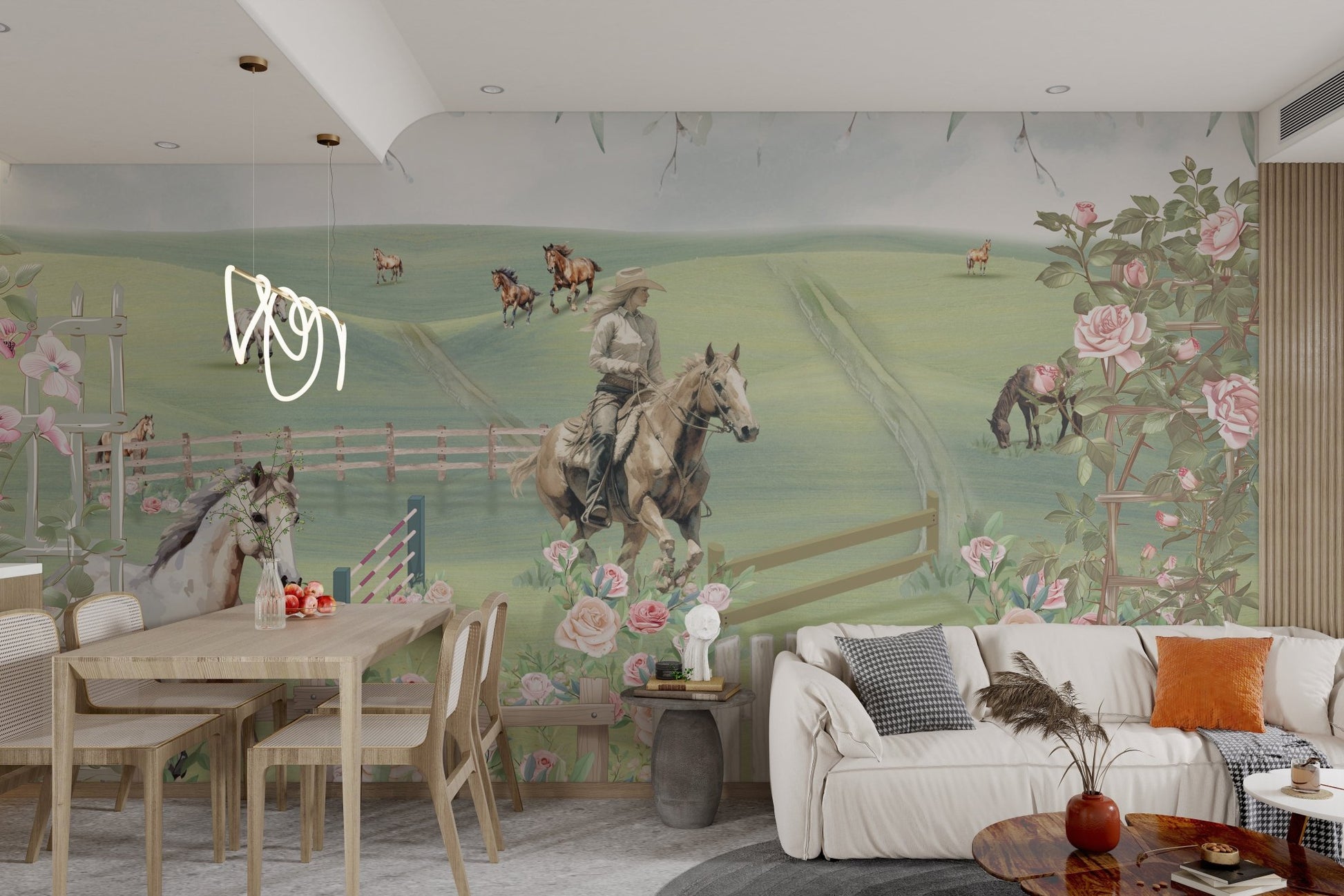 Detailed equestrian wall mural with rider jumping and grazing horses.
