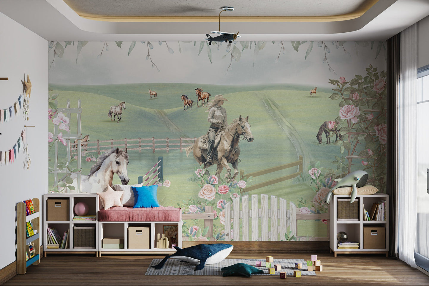 Woman riding horse over jump in a floral landscape country wall mural.