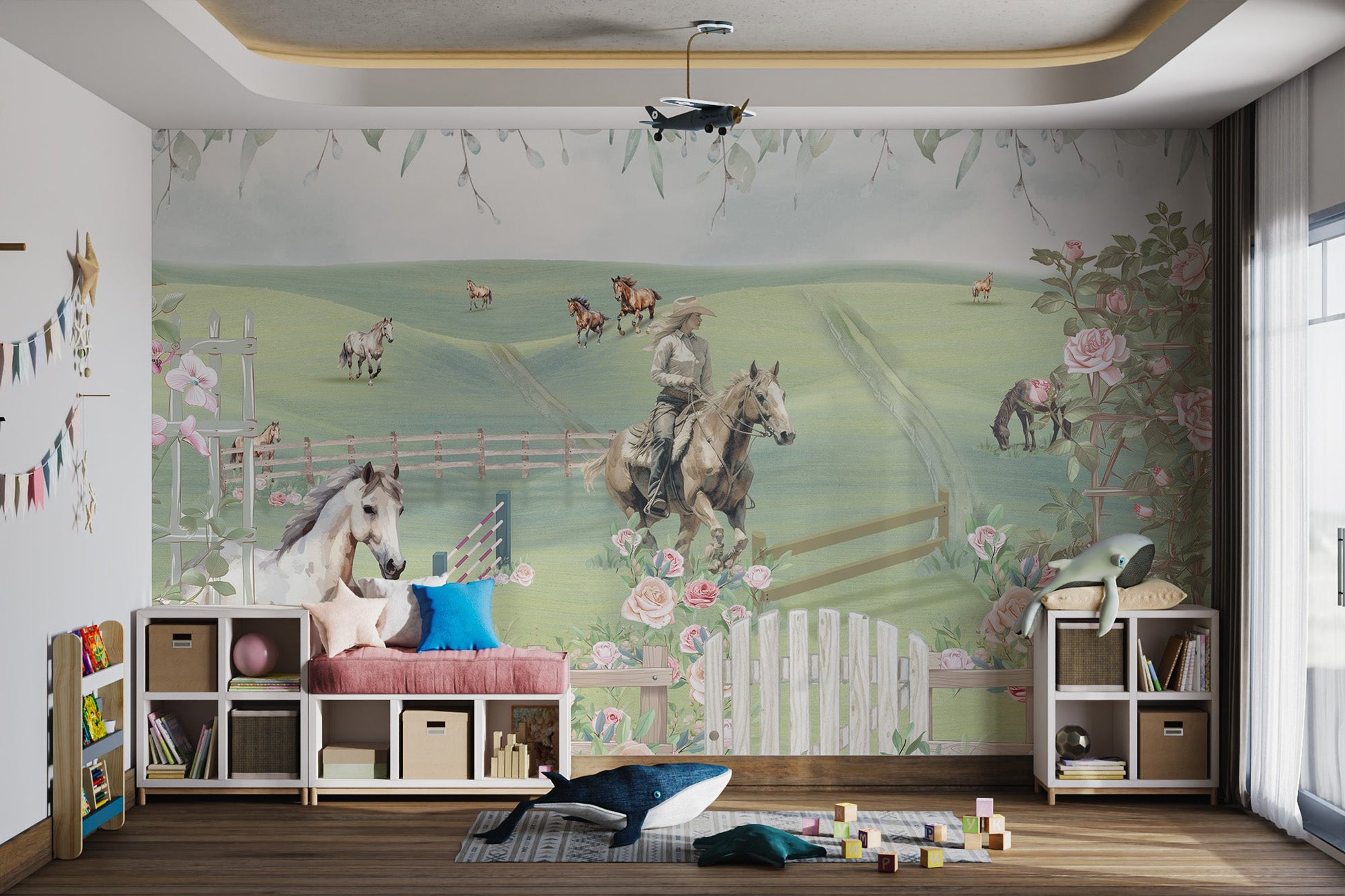 Woman riding horse over jump in a floral landscape country wall mural.