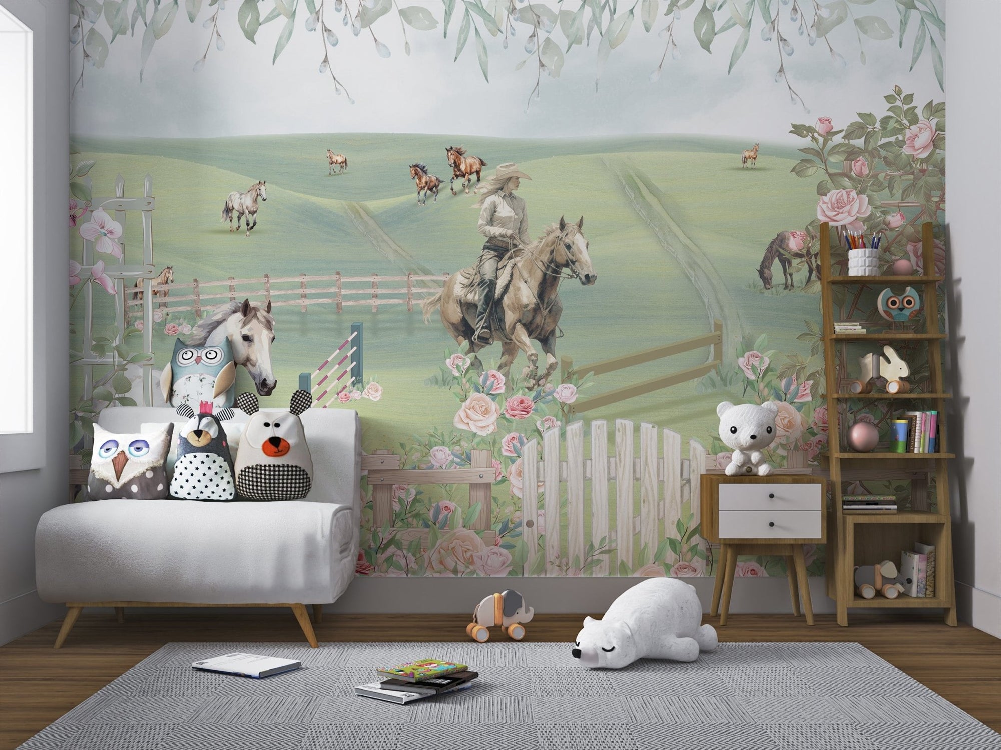 Countryside horse riding mural with pink roses and white picket fence gate