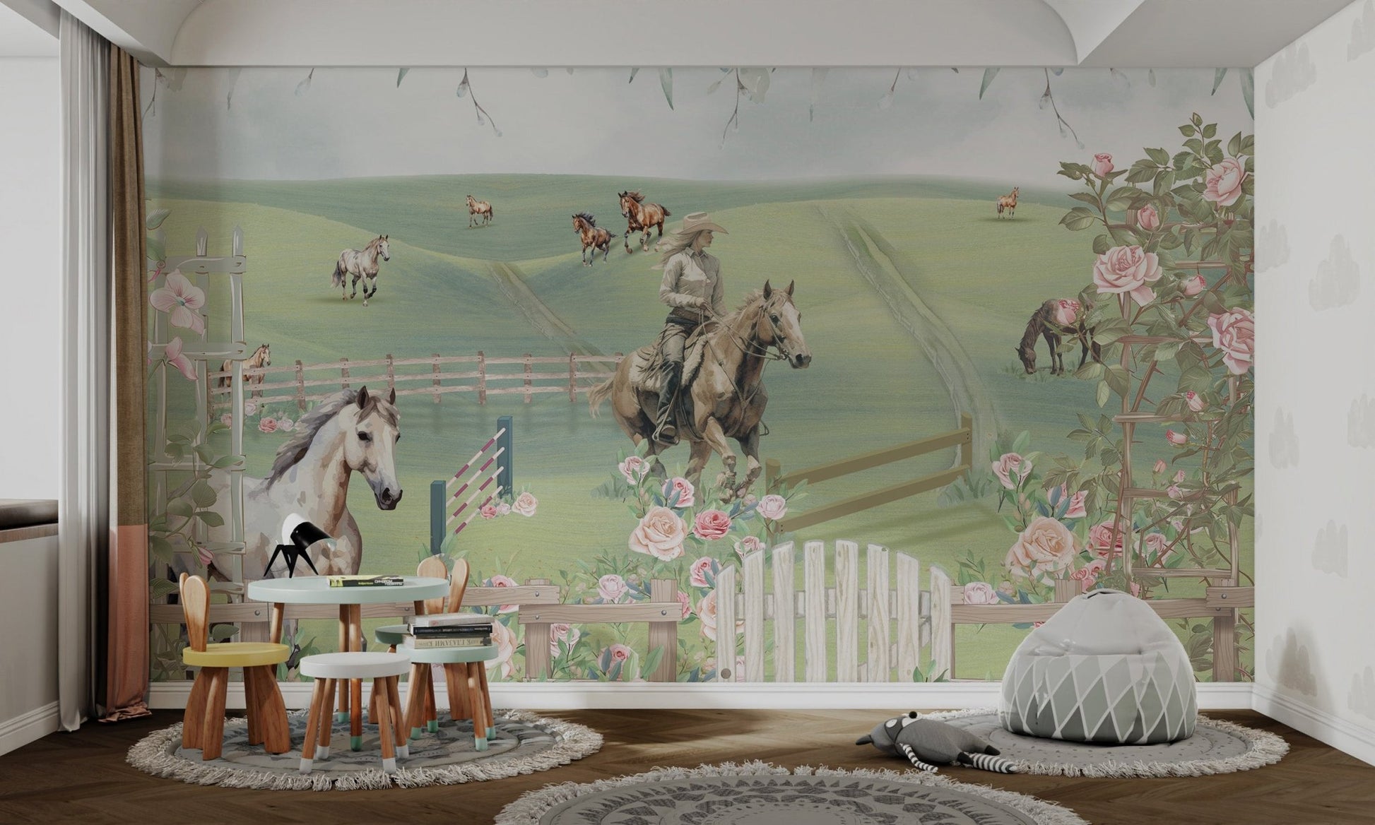 Pink floral with white gate and horses in rolling hills wall mural for study room.