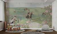 Pink floral with white gate and horses in rolling hills wall mural for study room.