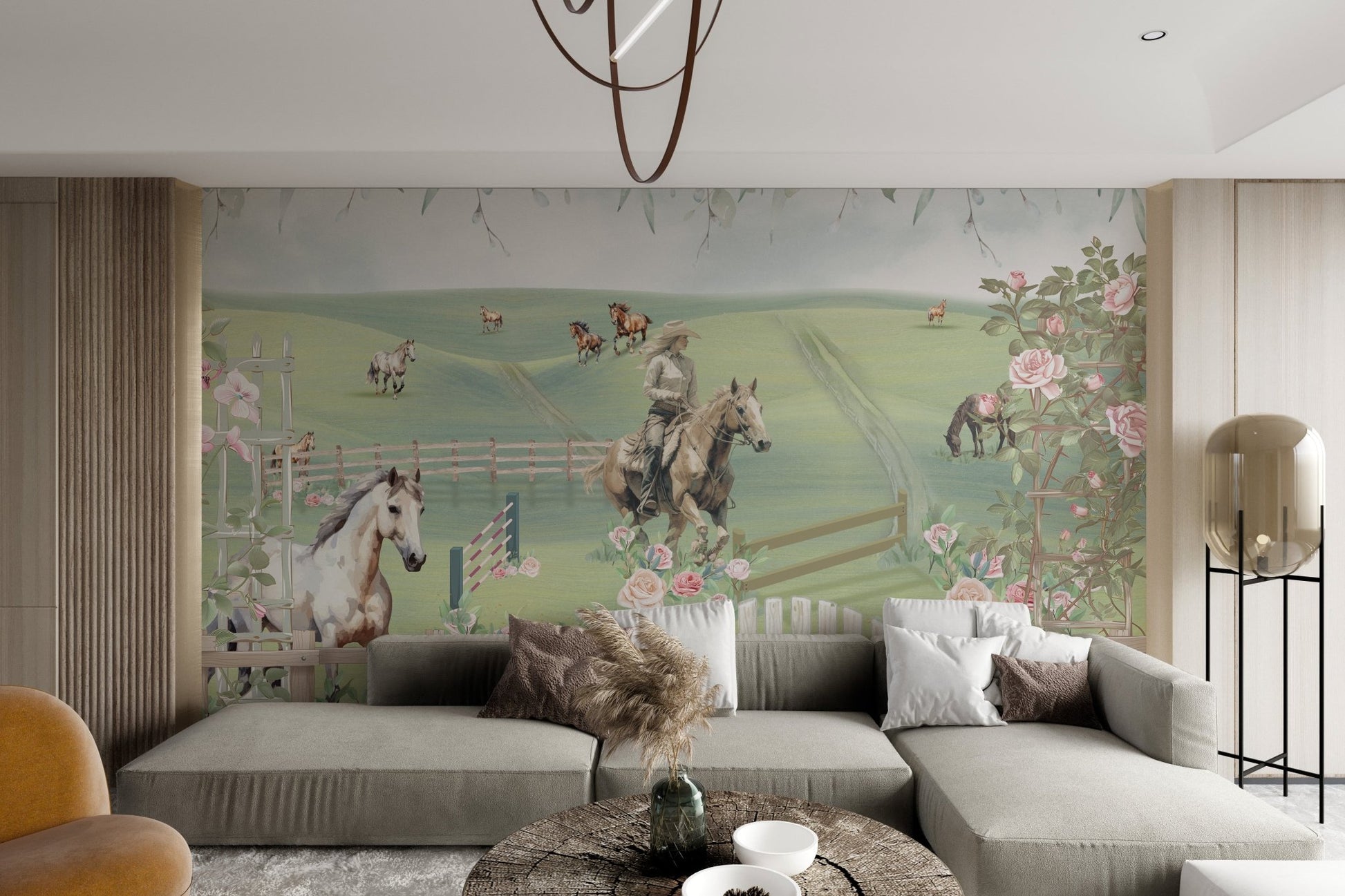 Tan horse and rider jumping fence in countryside mural for living room.