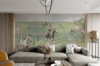 Tan horse and rider jumping fence in countryside mural for living room.