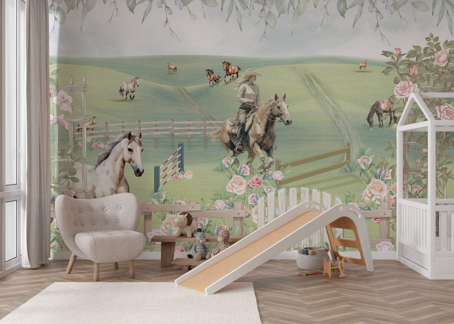 Rolling hills landscape with horses and foreground flower garden wall mural.