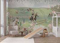 Rolling hills landscape with horses and foreground flower garden wall mural.