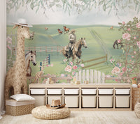 Countryside horse riding wall mural with white trellis and pink flowers.