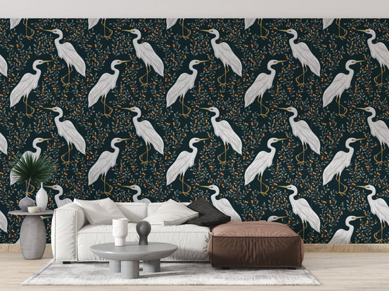 Majestic Heron Wallpaper in a modern living room with a white sofa