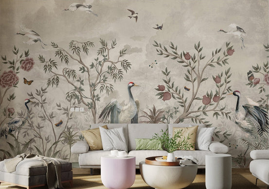 Vintage wall mural with cranes and floral design for living room.