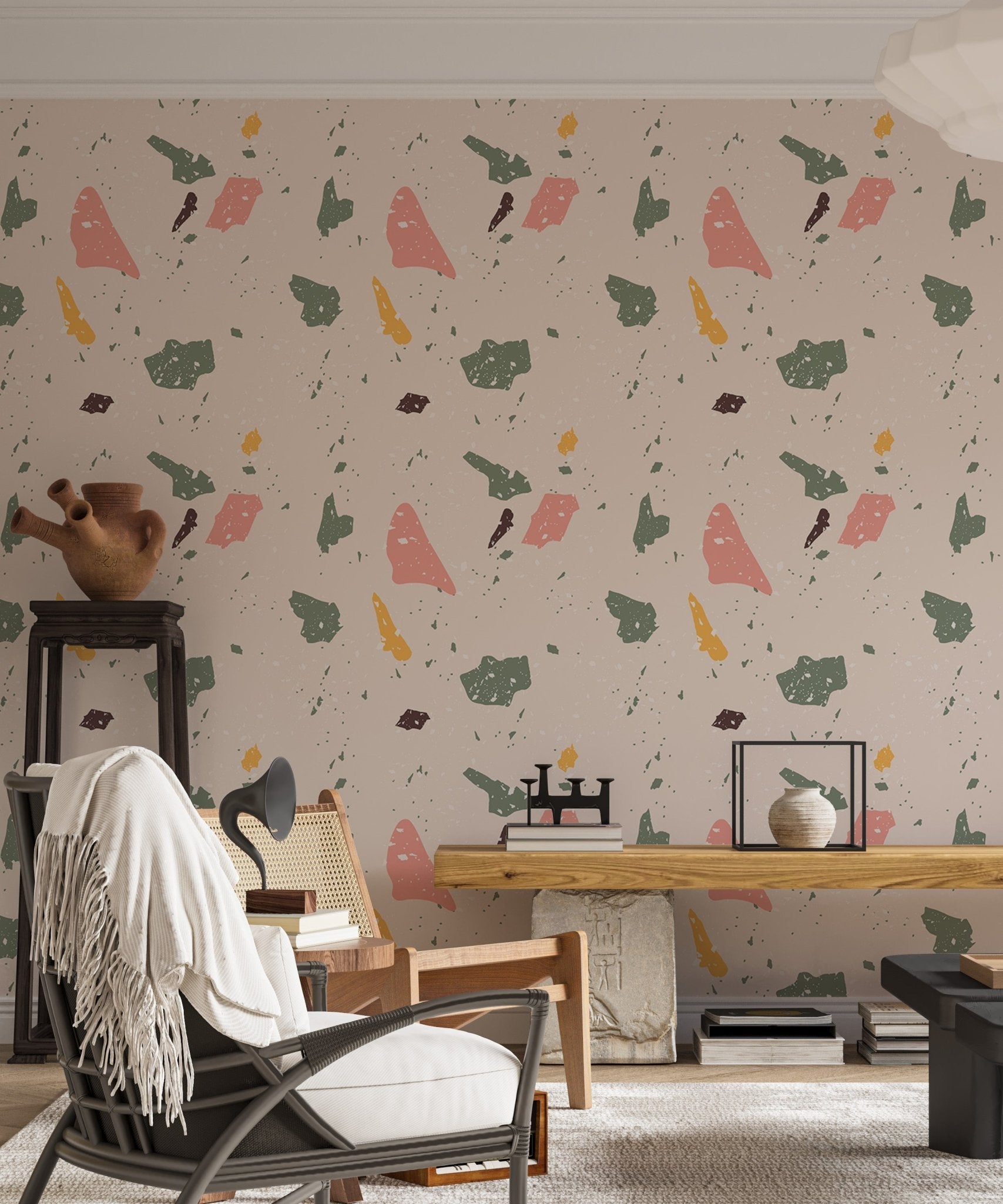 Craquelure Geometric Simulate Granite Terrazzo Wallpaper in a living room with a wooden table.