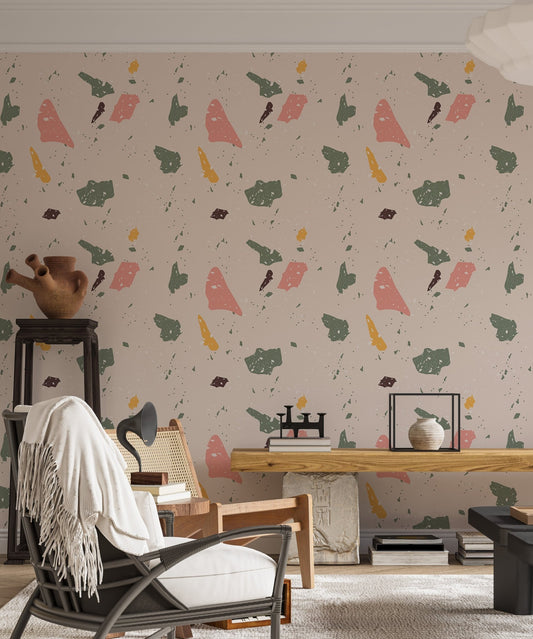 Craquelure Geometric Simulate Granite Terrazzo Wallpaper in a living room with a wooden table.