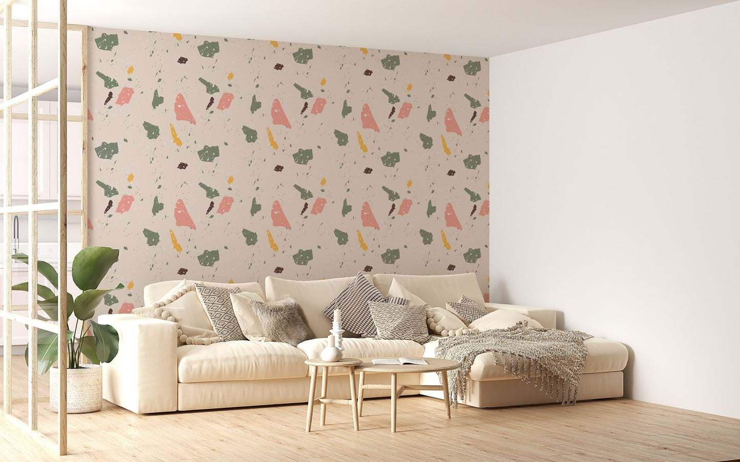 Abstract granite effect wallpaper in a spacious living area with a white sectional sofa.