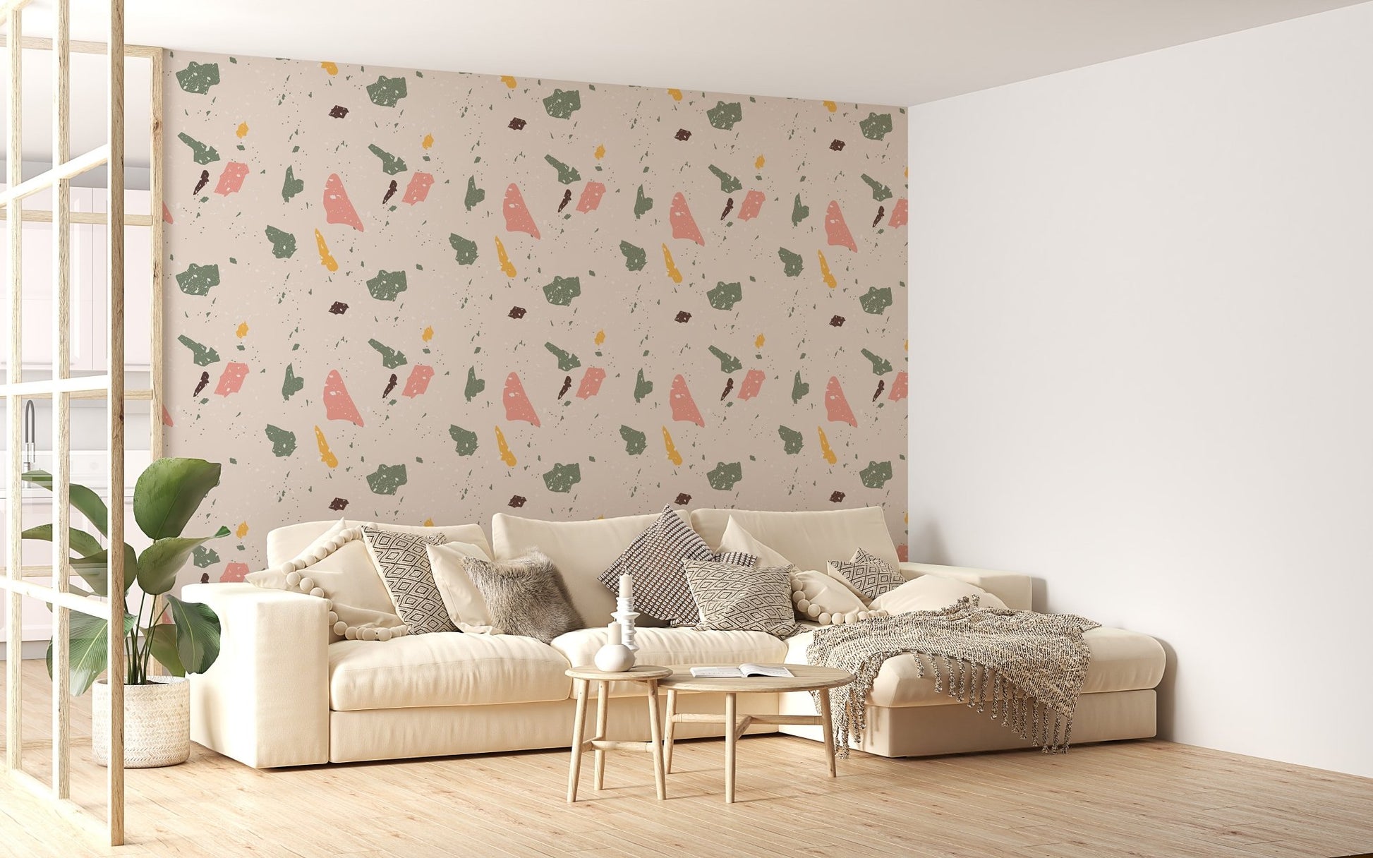 Abstract granite effect wallpaper in a spacious living area with a white sectional sofa.