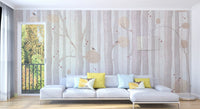 Cream Colored Tree Wall Mural in a modern living room with white sofa.