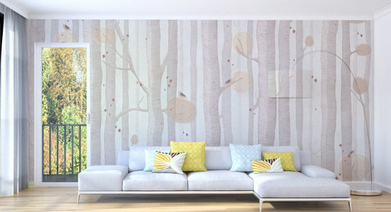 Cream Colored Tree Wall Mural in a modern living room with white sofa.