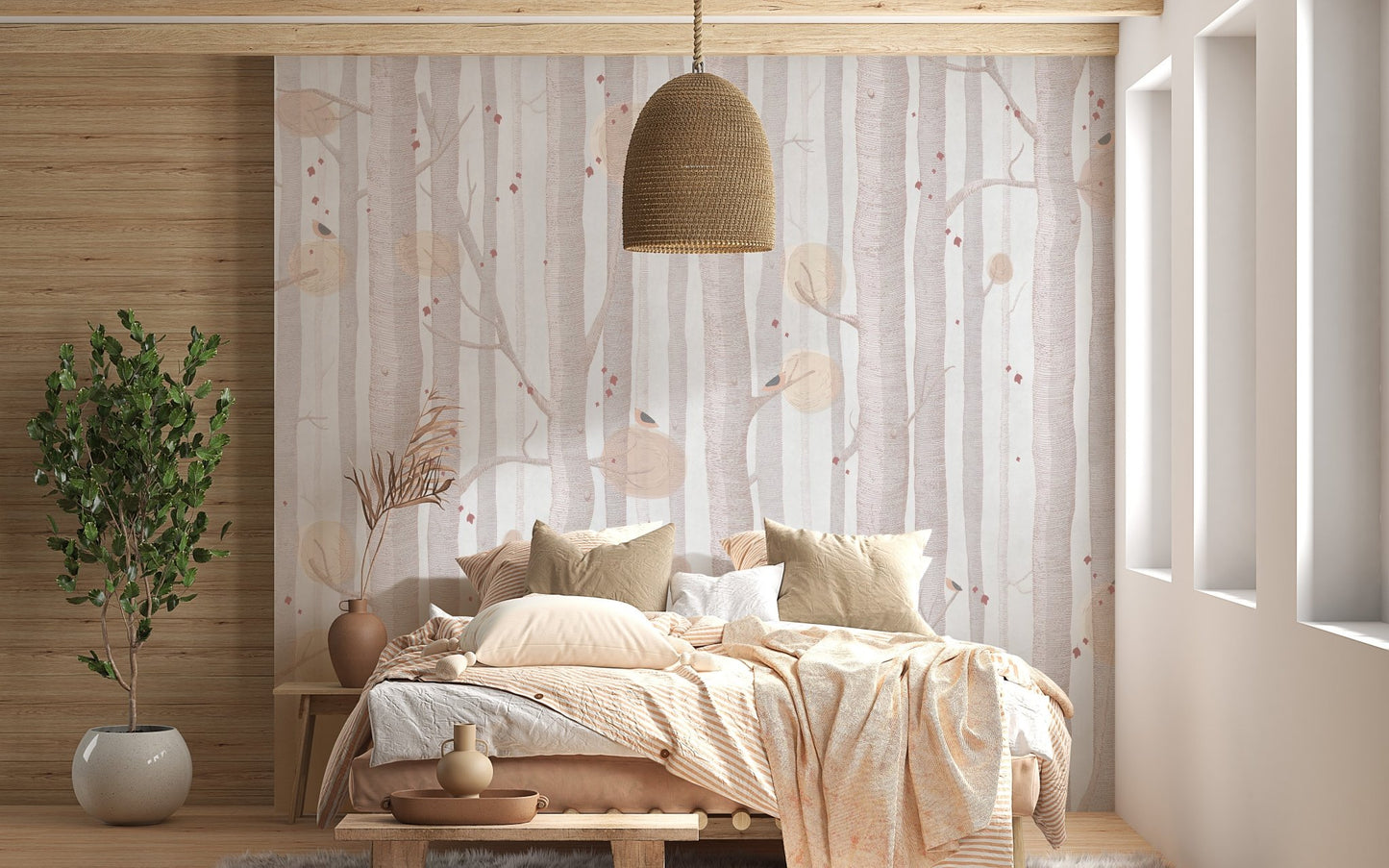 Warm cream colored tree wall mural in a master bedroom with soft bedding.