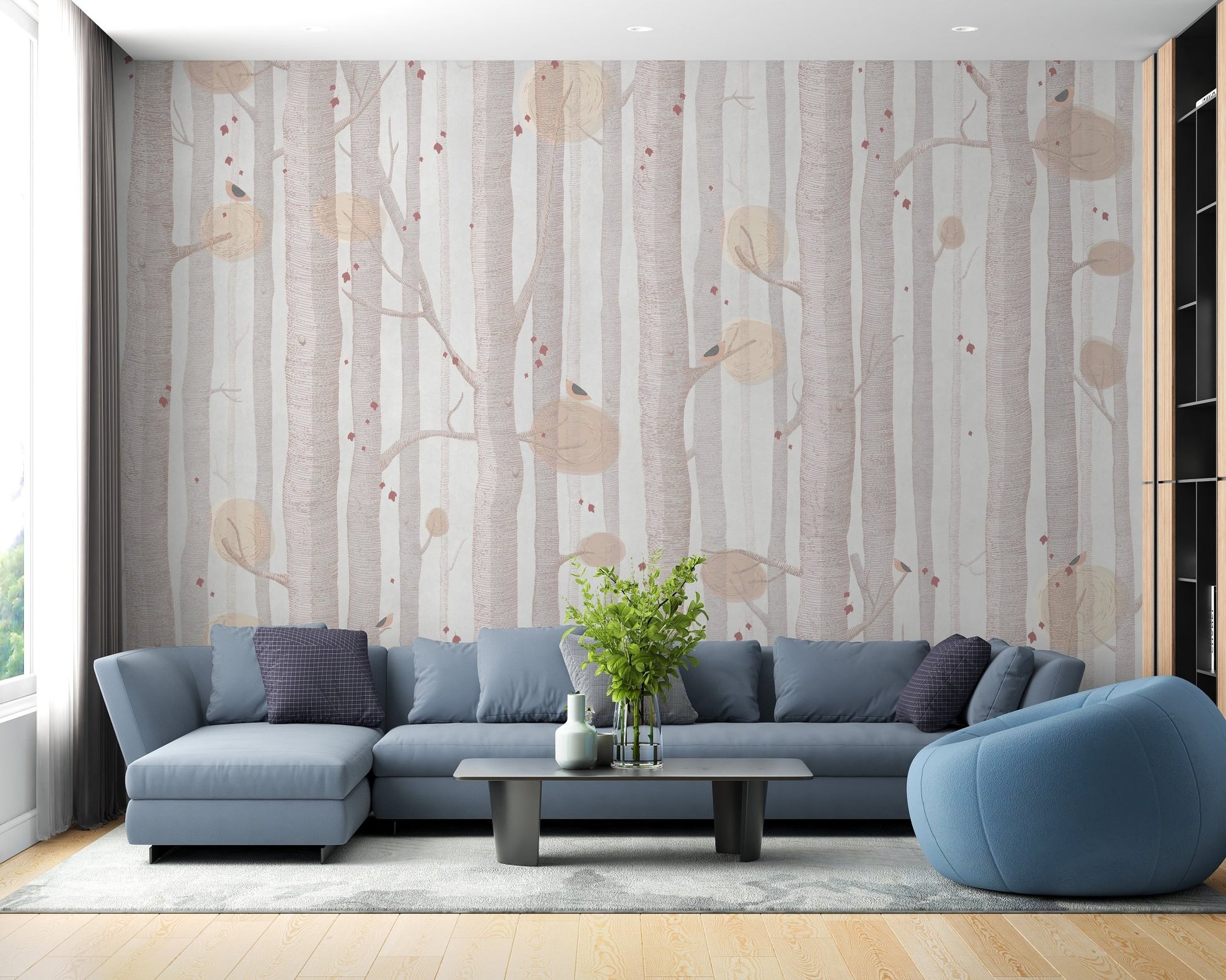 Nature-Inspired Tree Wall mural in spacious living room.
