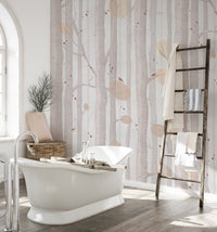 Vertical branch pattern wall mural in a bathroom with a white bathtub.