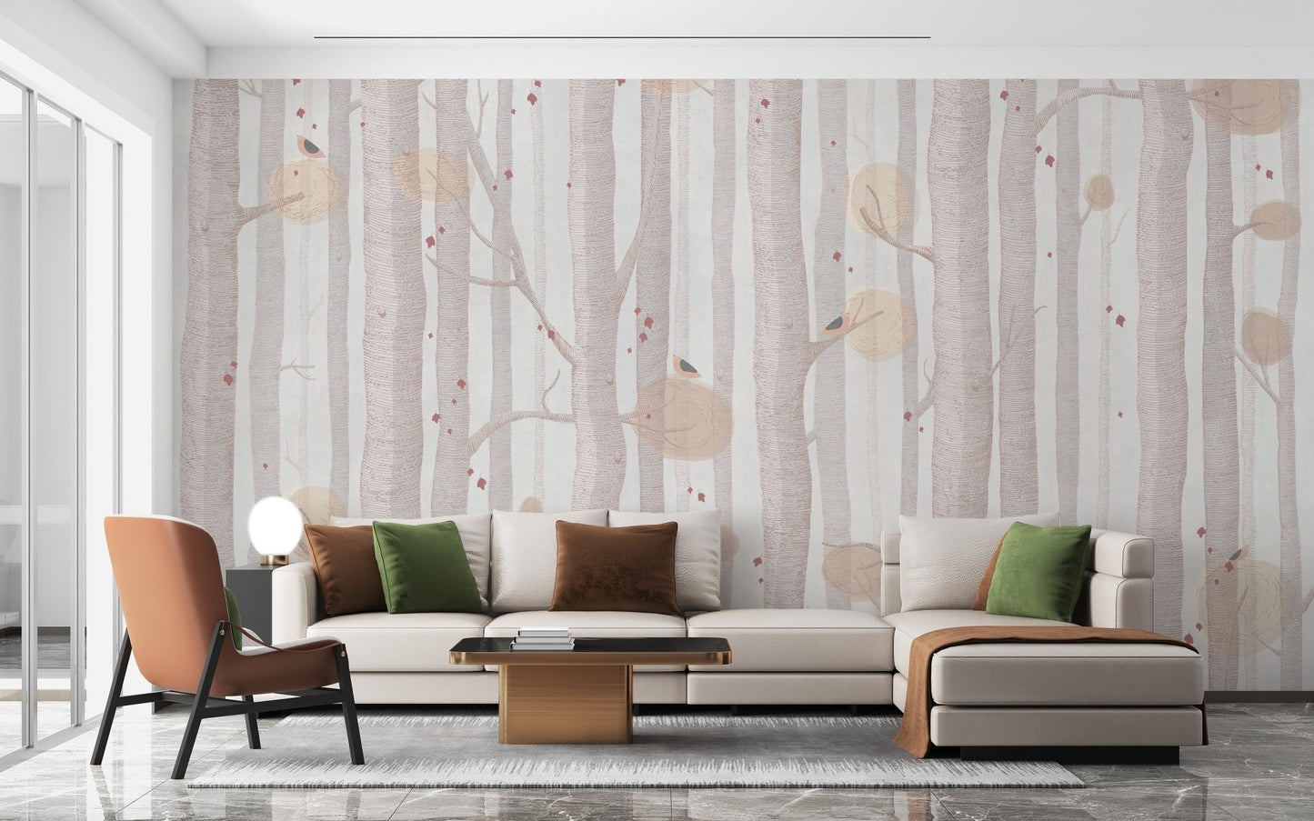 Soft cream wall mural with tree silhouettes in a contemporary apartment.