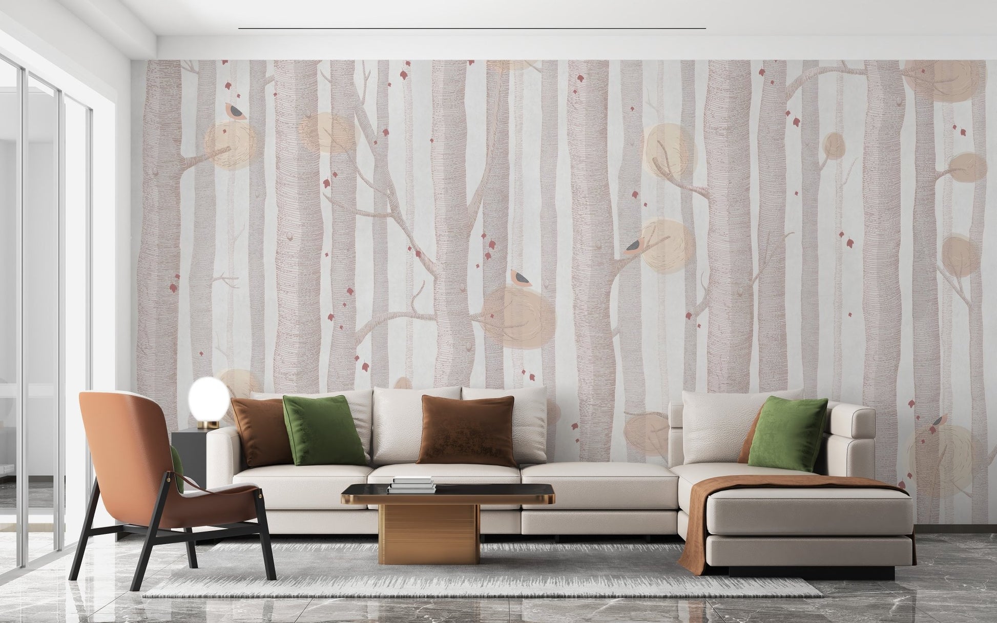 Soft cream wall mural with tree silhouettes in a contemporary apartment.