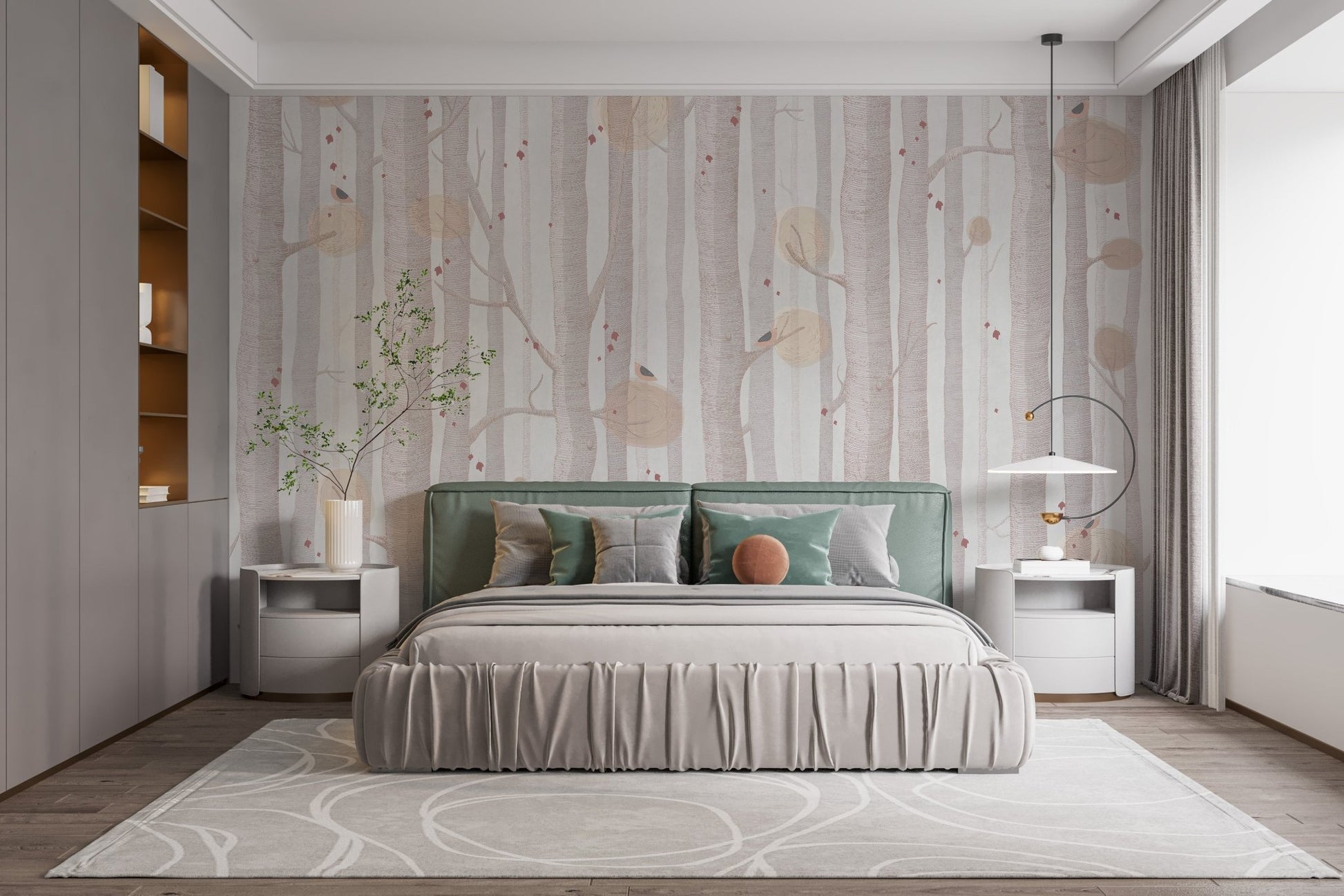Cream Colored Tree Wall Mural in a bedroom with green accents.