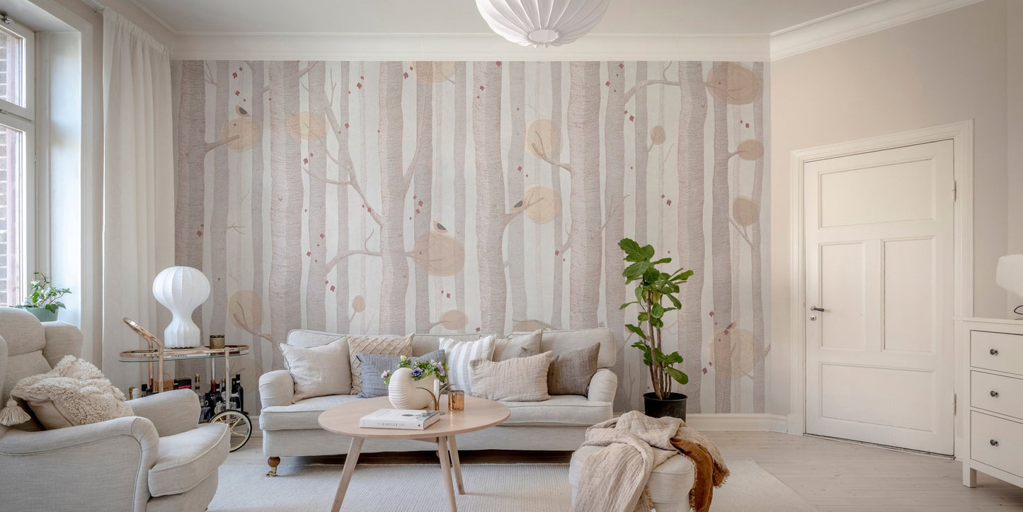 Neutral Tree Wall mural in bright living space.