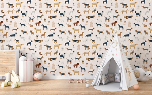 Playful cream dogs breed pattern wallpaper for a kid’s nursery.